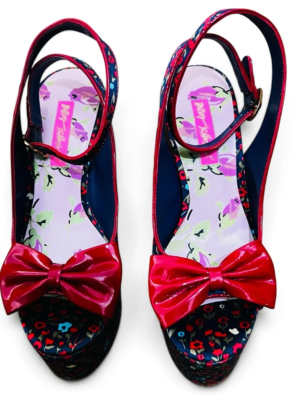 Betsey Johnson Navy Floral Platform Slingbacks with Red Bow